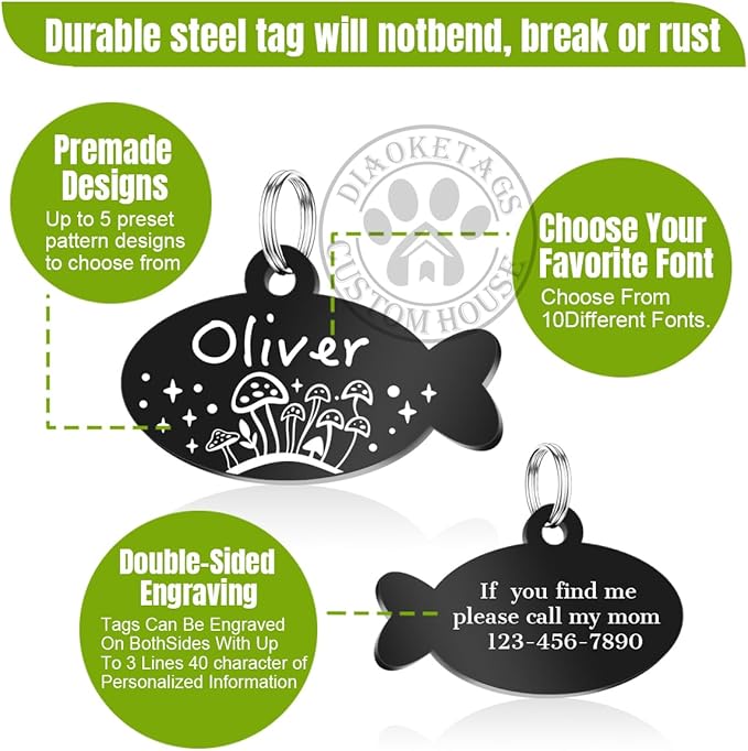 Stainless Steel Cat ID Tag Personalized Pet Tags with up to 4 Lines of Custom Text, Small Pet Mini Dog Cat Tag Lightweight, Engraved on Both Sides, Multiple Patterns Colors Size Options (Daisy)