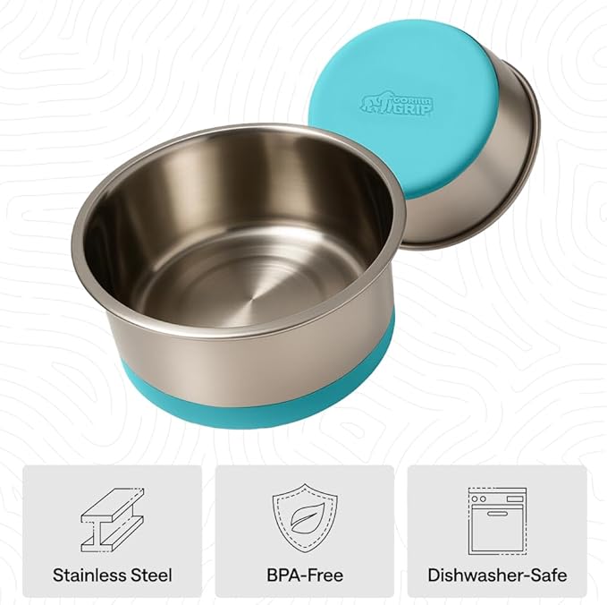 GORILLA GRIP Dog Bowls, Heavy Duty 304 Stainless Steel Holds 2 Cups Each (16 fl oz) Food and Water Bowl for Feeding Dogs and Cats Dishwasher Safe Rust Resistant BPA Free Rubber Base Set of 2 Turquoise