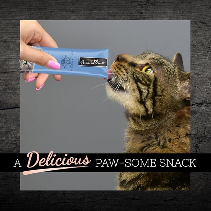 Fussie Cat Ocean Fish and Salmon Puree, lickable cat Treats, 0.5oz, 4 Count Pouch Pack of 3