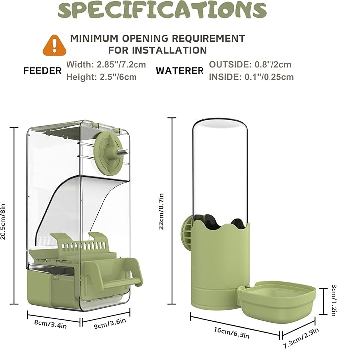 Bird Feeder Water Dispenser Set, Automatic Cage Feeder with Perch for Seed Parakeet Canary Cockatiel Finch Budgies Cage Accessories (Green)