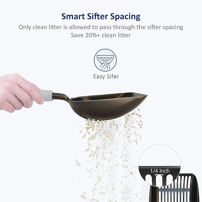 WePet Cat Litter Scoop, Non-Stick Plated Aluminum Alloy Sifter, Kitty Durable Metal Scooper, Deep Shovel, Long Handle, Kitten Pooper Lifter, Size Large, Coated Black Body with Grey Handle