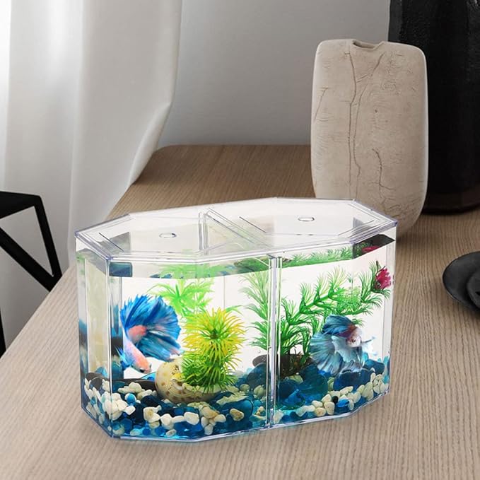 Acrylic Fish Tank Isolation Box with Two Compartments 7.87X4.72X4.33 Inch Clear Octagonal Breeding Tank for Betta and Small Tropical Fish Home Aquarium
