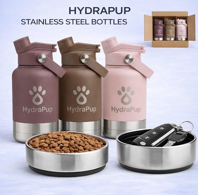 32oz Insulated Dog Water Bottle – Stainless steel, leakproof travel jug keeps water cold. Includes pet bowls, perfect for hiking, camping, and outdoor adventures with your dog (Mauve)