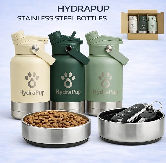 32oz Insulated Water Bottle with Dog Bowls – Human & Pet Shared Use, Stainless Steel Leakproof Travel Bottle (Forest Green)