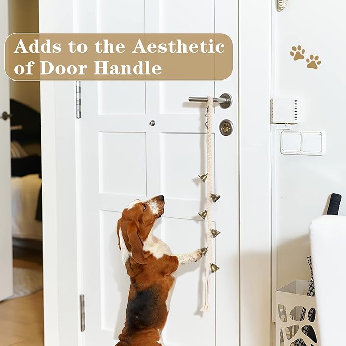 KLOGTSIND 2 Pack Dog Bells for Door Potty Training, Handwoven Cotton Rope Dog Doorbell with 6 Extra Loud Bells, Adjustable Dog Door Bells for Small Medium Large Dogs to Ring to Go Outside, Beige