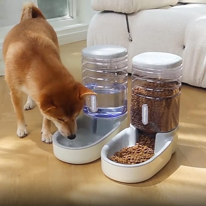 Meikuler Automatic Dog Cat Feeder and Water Dispenser Set,Waterer and Gravity Food Feeder for Small & Medium Dogs Cats Puppies,Large Capacity 1 Gallon x 2 (Grey)