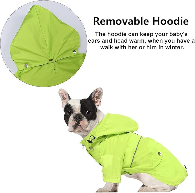 Morezi Dog Zip Up Raincoat with Reflective Buttons, Rain/Water Resistant, Adjustable Drawstring, Removable Hood, Raincoats with Legs 8lbs to 80lbs Available Light Green L