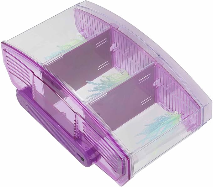 Fockety Breeding Fish Tank LED Acrylic, Three Divisions Isolation Box for Small Fishes with Artificial Grass, Water Change Valve and Filter Bubble Head with Activated Carbon (Violet)