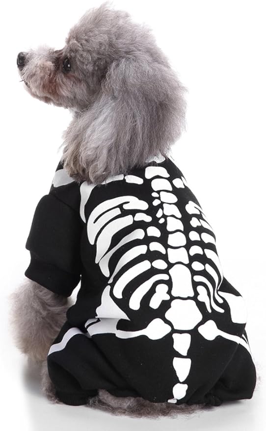 Halloween Fancy Fleece Dogs Cats Warm Pajama Coat Skeleton Costumes for Teddy, Pug, Chihuahua, Shih Tzu, Yorkshire Terriers, Papillon B-Black/White S