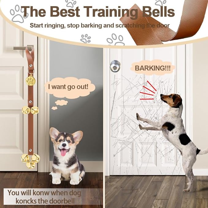 Leather Dog Bells, Puppy Potty Training Bell Dog Doorbell Potty Train Dog Bell for Potty Training Door Bells for Dogs to Ring to Go Outside Jingle Bells (Leather Brown, Round Paw 1 PCS)