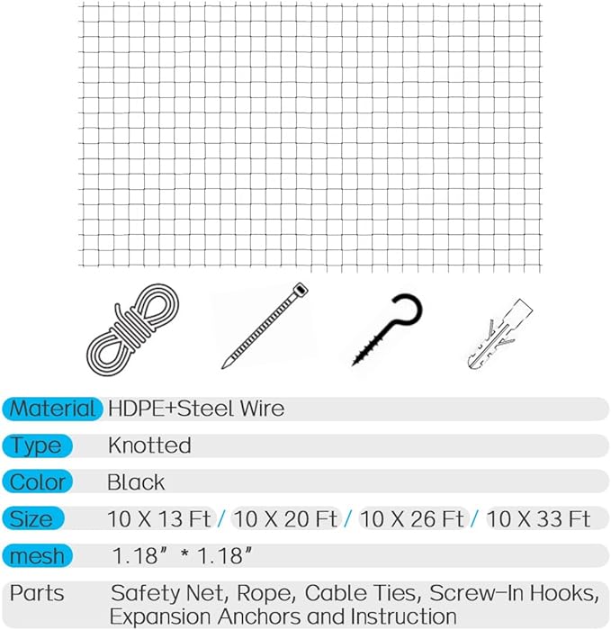 Cat Balcony Net, Steel Wire Reinforced, Anti-Fall Fence, Safety Net, Extra Strong (10 X 13 Ft)