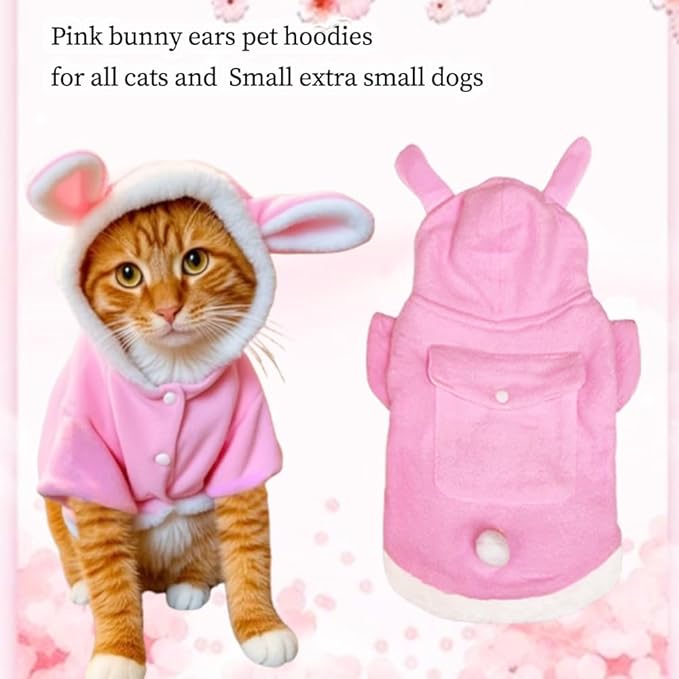 ANIAC Bunny Ears Cat Costume Plush Dog Hoodies with Pocket Sweater Cute Kitten Cat Clothes Warm Rabbit Ears Outfit with Hood for Small Dog Cat and Puppy (Pink-2, Large)