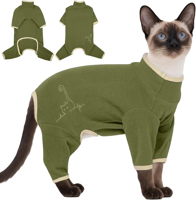 DENTRUN Cat Clothes for Hair Control with Hair Sticky Fabric - Soft Recovery Suit & Breathable Lint-Resistant Cat Sweater for Cats Only, Kitten Onesie Pajamas, XL, Army Green