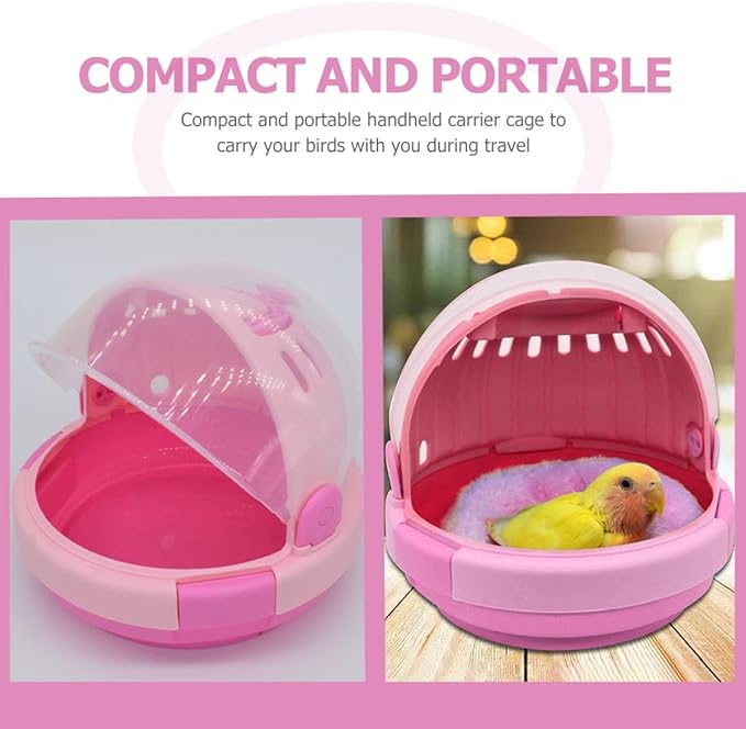 Portable Parrot Travel Cage Handheld Bird Carrier with Pink Plush Nest Small Lightweight Pet Birds Case for Parakeets and Young Parrots