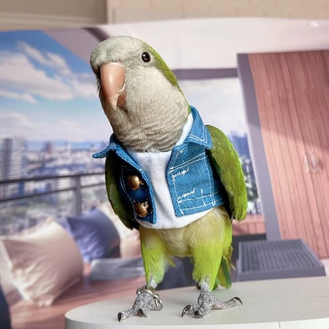 Bird Costume Bird Diaper Flight Suit Bird Jeans Fake Two Pieces Bird Clothes Cosplay Photo Prop for Parrots Lovebird Parakeet Cockatiel Small Animals Apparel (with Diaper,Amazon)