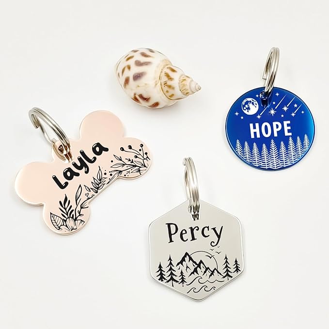Personalized Pet ID Tags, Customizable Hexagon, Bone and Round Shapes, Multiple Designs with Mountain, Floral, and Night Sky Patterns, Stainless Steel Dog and Cat Tags (Bone)