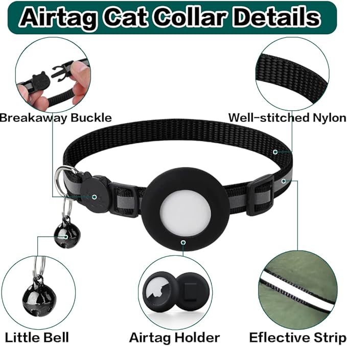 Airtag Cat Collar Breakaway, Reflective Kitten Collar with Apple Air Tag Holder and Bell for Girl Boy Cats, 0.4 Inches in Width and Lightweight(Purple)