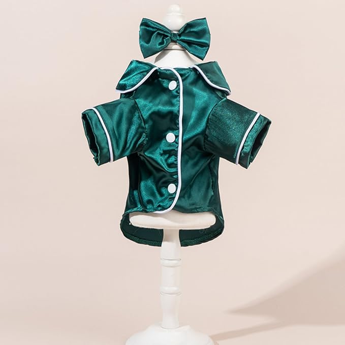 Cat Puppy Costume Elegant Satin Pajamas with Bow Headband 2PCs Set Pet Sleepwear Cute Pet Outfit Cosplay Partywear Photoshoots (Green Set,Small)