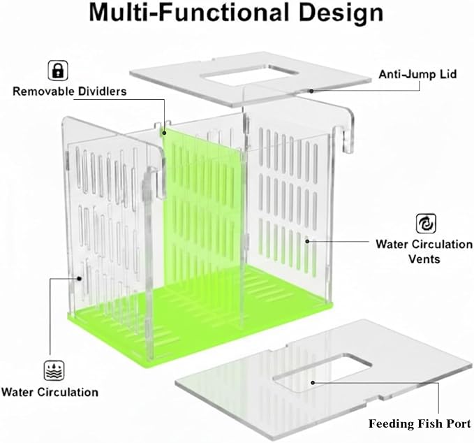 Aquarium Acrylic Breeding Box with Extendable Net - Fish Tank Breeder Box, Isolation Acclimation Hatchery for Saltwater & Freshwater Baby Fish, Shrimp, Betta (Green, 7.4x5.3x6.3 in)