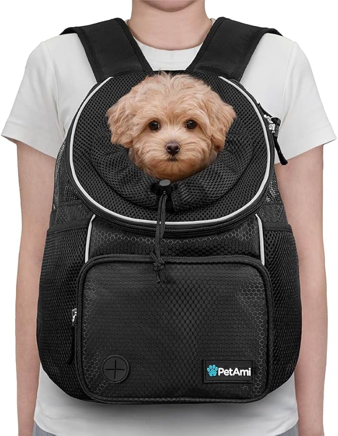PetAmi Adjustable Dog & Cat Chest Carrier Backpack, Ventilated for Hiking, Camping & Travel, Max 10 lbs, Black