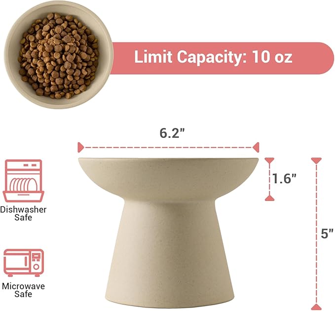 Extra Wide Elevated Ceramic Cat Bowl - 6.2" Shallow Dish for Whisker Fatigue Relief, 5" Height for Easy Feeding, Lead & Cadmium Free, Durable Raised Cat Food Bowls, Pottery Clay (Not Glazed)