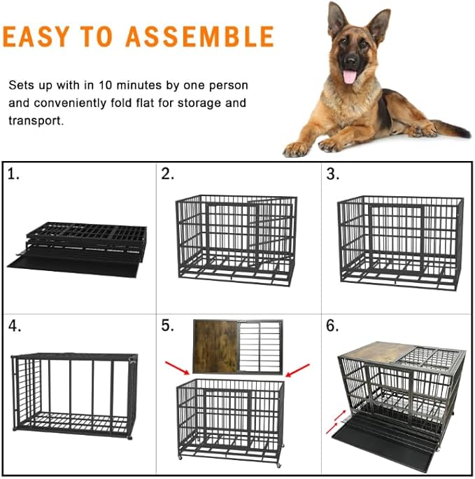 38 Inch Heavy Duty Funiture Dog Crate with Wheels, Indestructible and Escape Proof Wooden Kennel Indoor for High Anxiety Dogs with Sturdy Locks, Double Door and Tray, Extra Large XL XXL
