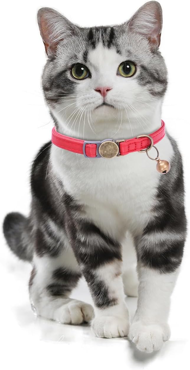 THAIN Leather Cat Collar with Bell Breakaway- Adjustable, Durable, Retro Bell fit Most Cats and Kittens (Dark Green)