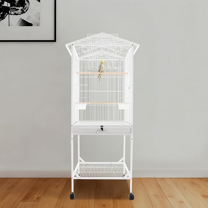 Large Bird Cage, Movable Pet Bird Flight Cages with Wheels 4 Feed Windows Slide-Out Tray, Panorama Bird Aviary 18.11x18.11x49.21in for Parrot, Parakeets, Budgerigars(White Style2)