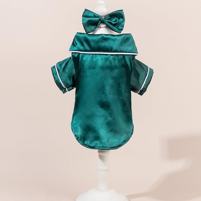 Cat Puppy Costume Elegant Satin Pajamas with Bow Headband 2PCs Set Pet Sleepwear Cute Pet Outfit Cosplay Partywear Photoshoots (Green Set,Small)