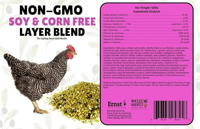Non-GMO Soy and Corn Free Whole Grain Layer Blend 16% - Chicken Feed for Laying Hens and Ducks - Includes Essential Oils, Herbs, Oyster Shells, Vital Minerals, and Omega 3, 40lb