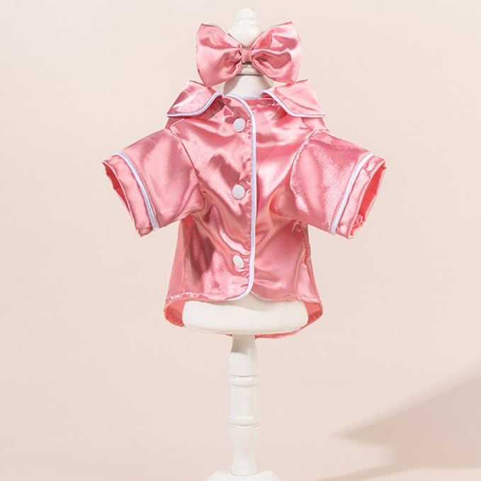 Cat Puppy Costume Elegant Satin Pajamas with Bow Headband 2PCs Set Pet Sleepwear Cute Pet Outfit Cosplay Partywear Photoshoots (Pink Set,X-Large)