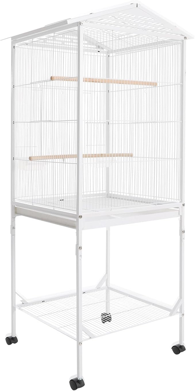 Large Bird Cage with Stand & Wheels, Freestanding Parakeet Birdcage with Wooden Stands & Feeding Cups, 49.2 Inch Bird Flight Cages for Parrot Canaries Cockatiels Budgie Parrotlet (White-C)