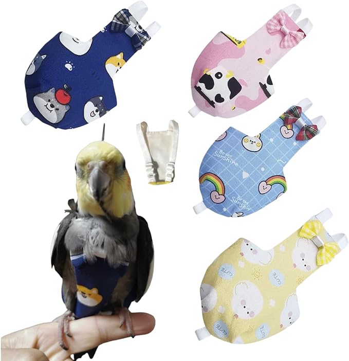Bird Diaper Protective Parrot Nappy - 4 Pack, Reusable Flight Suit with Waterproof Inner Layer, Adjustable Shoulder Straps, Washable Cute Urine Wet Suit for Parakeet Conure (Pigeon)