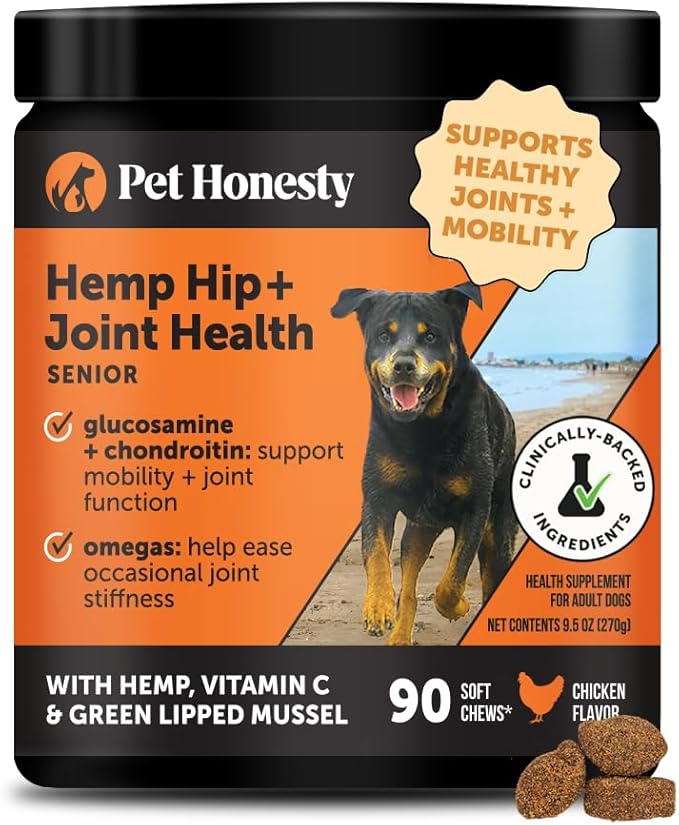 Senior Hemp Hip & Joint Supplement for Dogs - Dog Joint Supplement with Hemp Oil & Powder, Glucosamine, Collagen, MSM & Green Lipped Mussel - Mobility for Senior Dogs (Chicken 90)