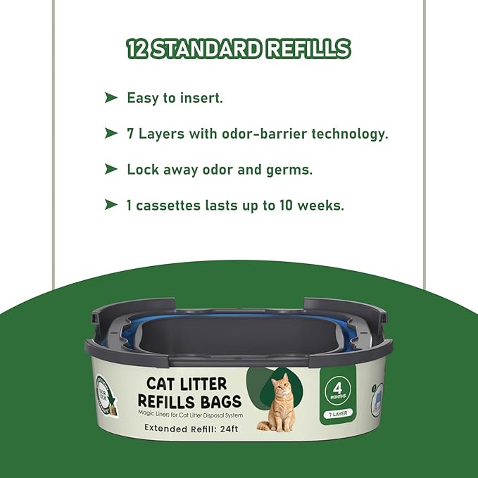 Cat Litter Refill Bags Cartridge Compatible with Litter Cat Genie Standard, Plus, XL+ and XL Pail Refills, Pet Waste Bags Box Accessories, Pack of 12