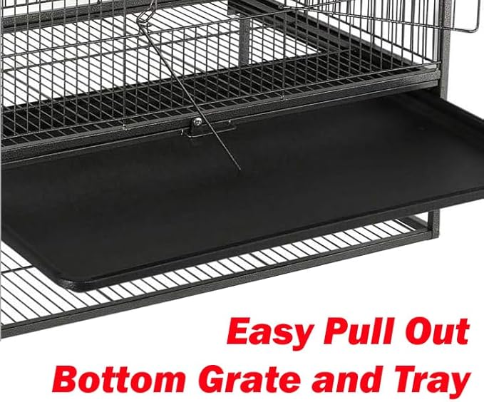 Extra Large Durable Wrought Iron Metal Bird Flight Parrot Breeder Home Cage with Double Large Front Doors Side Pull Up Doors Rolling Stand Storage Shelf Lockable Wheels