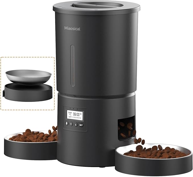 Dual Automatic Cat Feeder 2 Cats,6 Meals/Day,12 Portions/Meal,4.2L Dual Power Double Bowls Feeder,Dry Food Auto Pet Dispenser,10S Voice Record,Flexible Schedule Timer (Black,Stainless Dual Bowls)