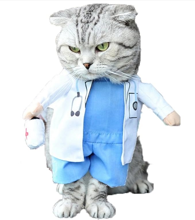 Mikayoo Pet Dog Cat Halloween Costume Doctor Nurse Costume Dog Jeans Clothes Cat Funny Apperal Outfit Uniform(Doctor,XS)