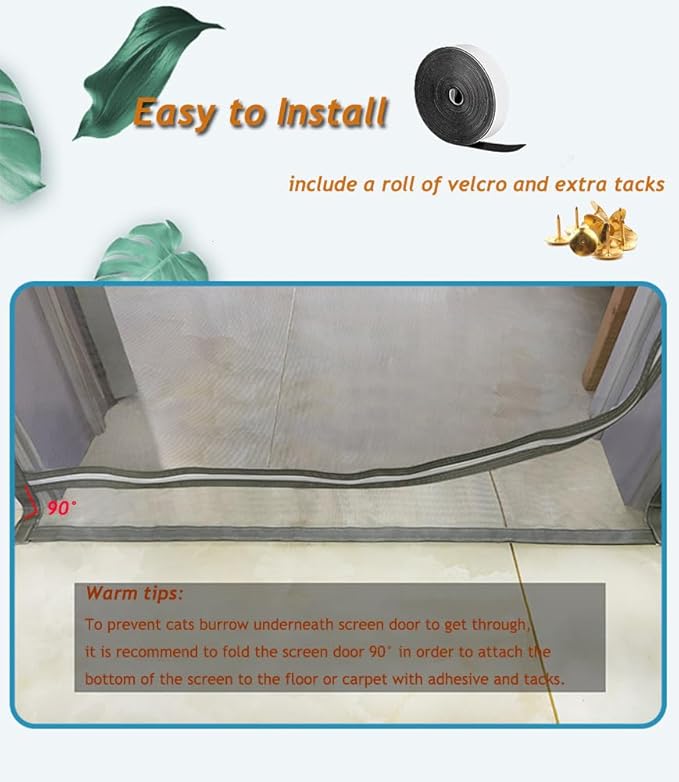 DOOREASY Cat Resistant Mesh Screen to Stop Cats Running Out, Thickened Easy Install Pet Screen Door with Zipper Closure for Doorways, Bedroom, Kitchen, Patio (Fits Doors Up to 30"x80")