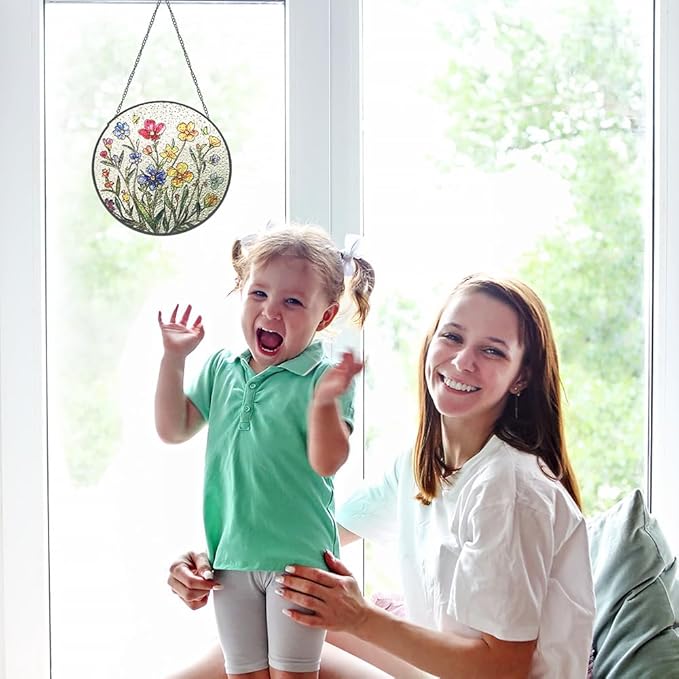 Colorful Flowers Stained Glass Suncatcher for Windows - Vibrant Sun Catchers Indoor Hanging Decor, Floral Gift for Women, Plant Lovers, Housewarming, Birthday, Mother's Day or New Home Celebration