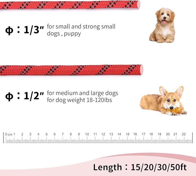 Long Dog Leash for Training 30Ft-Reflective Nylon Rope with Swivel Hook-Recall Agility Lead for Large Small Medium Dogs Outside Walking Hiking-Red Diam 1/2"