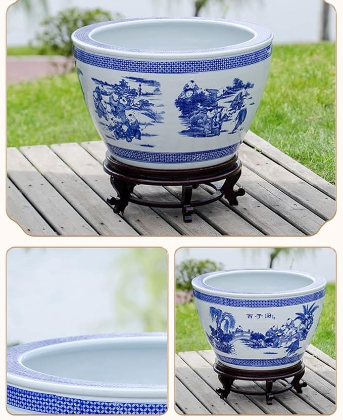 Fish Tabk Chinese Style Blue and White Ceramic Goldfish Bowl Fish Tank Balcony Fish Culture Tank Courtyard Lotus Tank Turtle Tank Aquarium Starter Kits Cool Fish Tank(Color:A,Size:42cm)