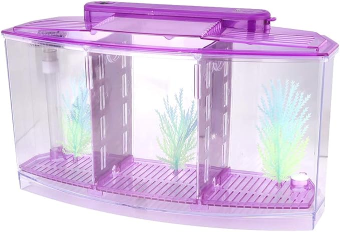 Three Areas Small Aquarium, Transparent Fish Tank, Desktop with Water Change Valve with LED Light for Betta Small Fishes(Purple)
