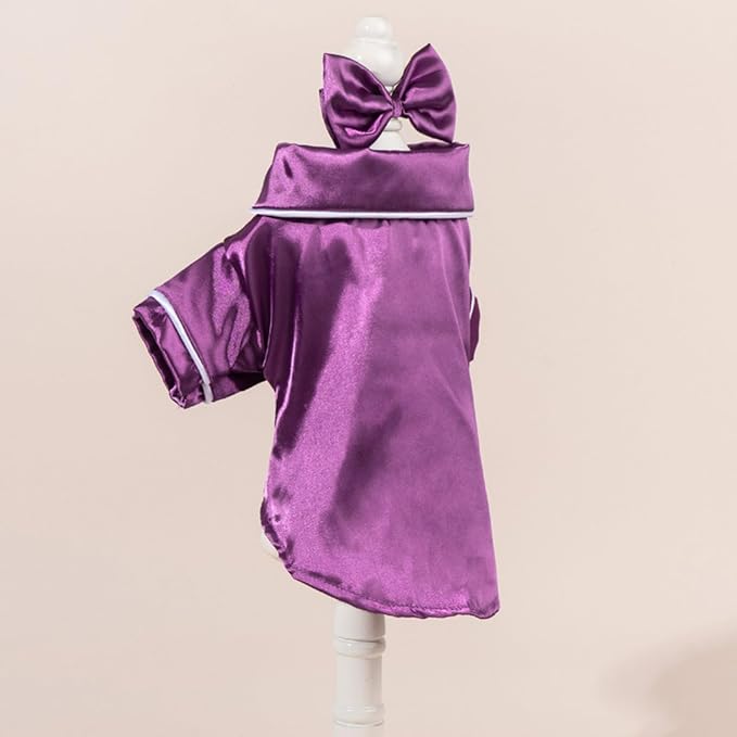 Cat Puppy Costume Elegant Satin Pajamas with Bow Headband 2PCs Set Pet Sleepwear Cute Pet Outfit Cosplay Partywear Photoshoots (Purple Set,Medium)