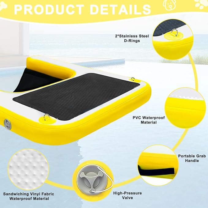 Dog Pool Ramp, Inflatable Dog Boat Ramp, Non-Slip EVA Inflatable Floating Dock Ladder for Pools Boats Docks, Safe & Easy Water Access for Large Dogs, Yellow