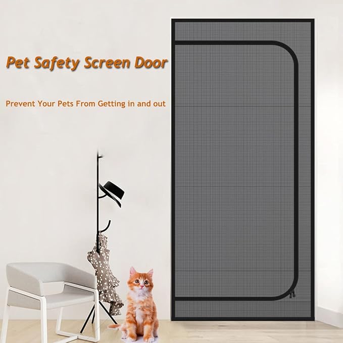 DOOREASY Pet Screen Door, Upgraded Cat Resistant Mesh Screen to Stop Cats Running Out, Easy Install Pet Door Mesh with Zipper Closure for Doorways Bedroom Kitchen Patio (Fits Doors Up to 34"x80")