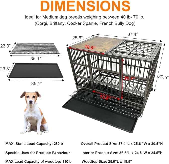38 Inch Heavy Duty Funiture Dog Crate with Wheels, Indestructible and Escape Proof Wooden Kennel Indoor for High Anxiety Dogs with Sturdy Locks, Double Door and Tray, Extra Large XL XXL