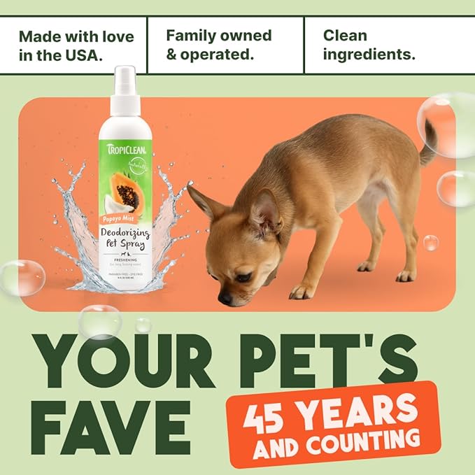 TropiClean Dog Perfume, Long Lasting Papaya Cologne, Deodorizing Spray for Smelly Dogs, After Bath Detangling Spray with Vitamin E, Safe for Cats, 8oz.