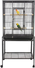 Bird Cage with Wheels, 53 Inch Bird Flight Cage, Wrought Iron Standing Large Parrot Parakeet Flight Birds Cages with Slide Out Tray Parrot Metal Parakeet Cages with Wooden Perches Black