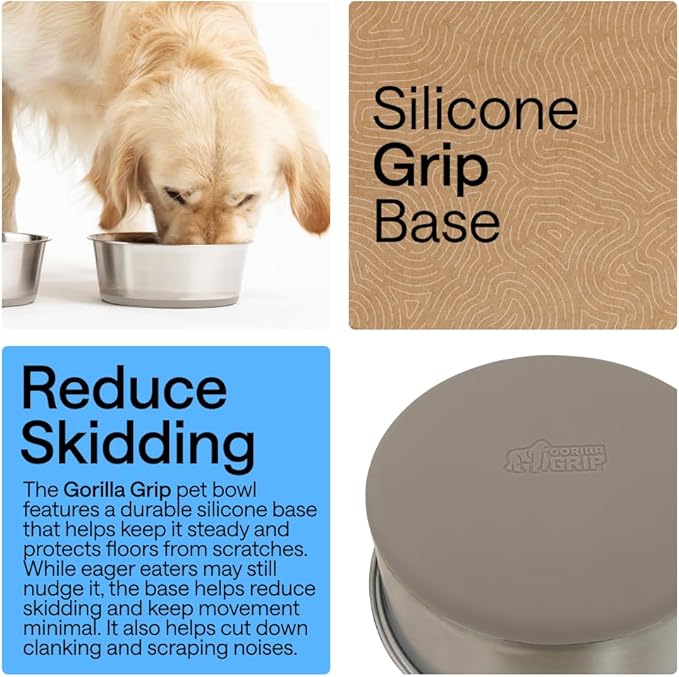 GORILLA GRIP Dog Bowls, Heavy Duty 304 Stainless Steel, Holds 8 Cups Each (64 fl oz) Food and Water Bowl for Feeding Dogs and Cats, Dishwasher Safe, Rust Resistant, BPA Free Rubber Base Set of 2 Beige